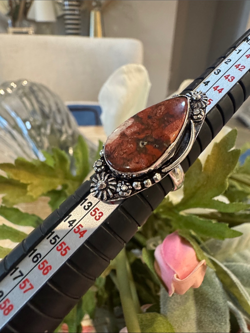 Red Jasper Teardrop Flower Accent Statement Ring